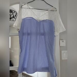 Blue and White Striped Lace Top